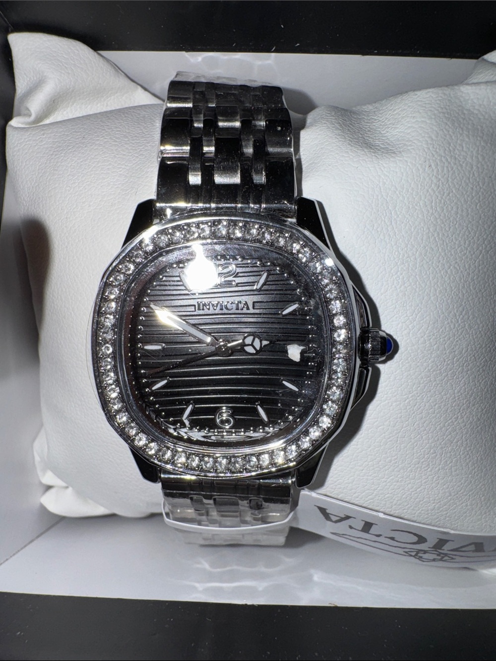 Invicta Silver Watch with Black Dial and Crystal Bezel